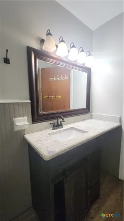 a bathroom with a sink and a mirror