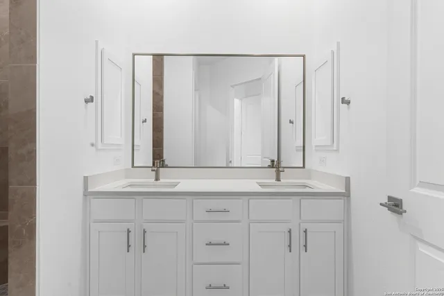 a bathroom with a shower sink vanity and a mirror