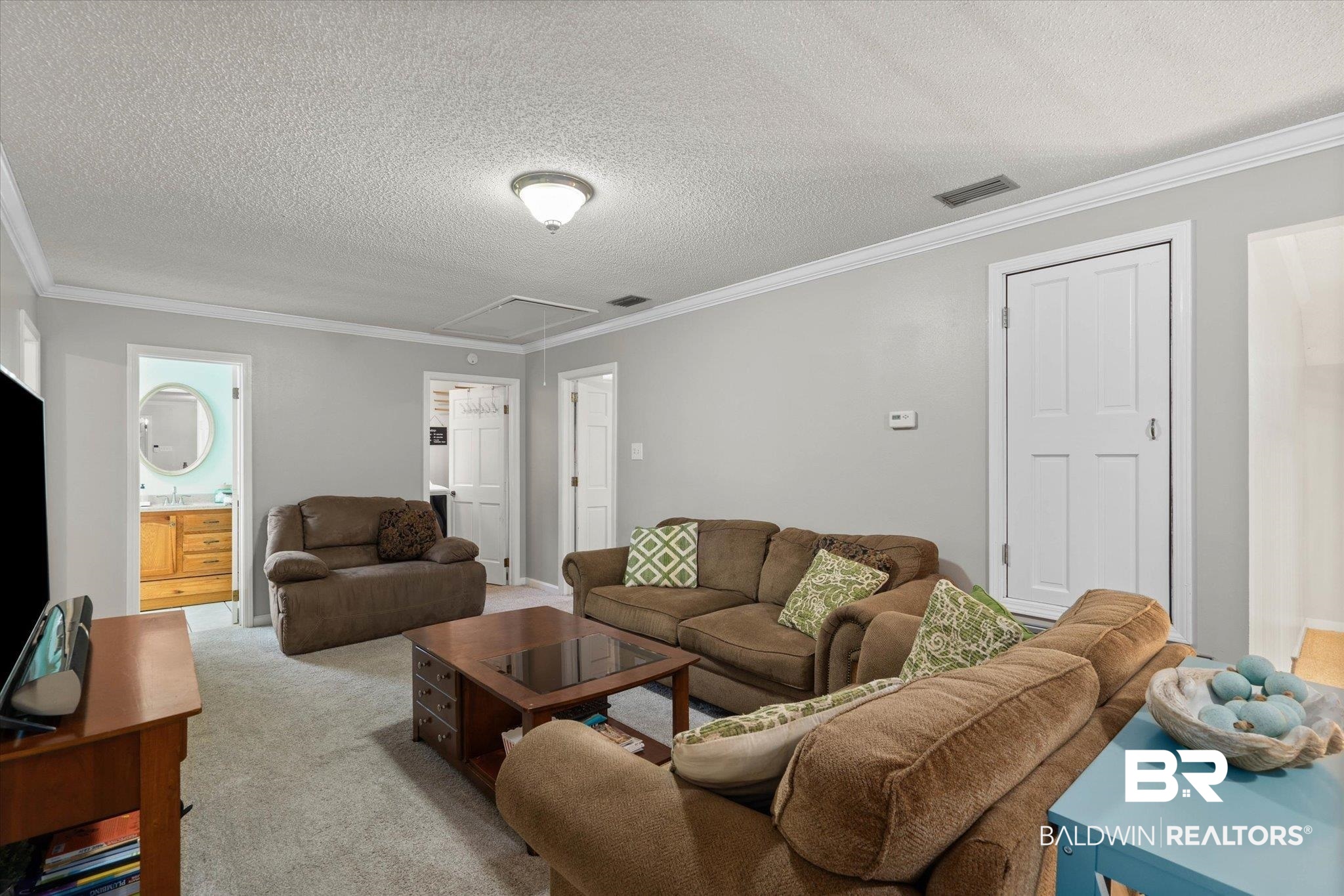 2300 Radcliff Road Saraland, AL 36571 - Photo 19 of 56 Living room featuring attic access, light colored carpet, a textured ceiling, and crown molding