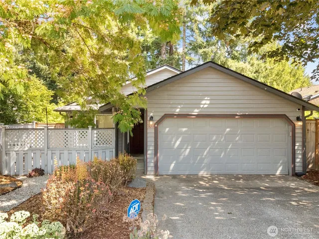 a small garden area with a tree in the background