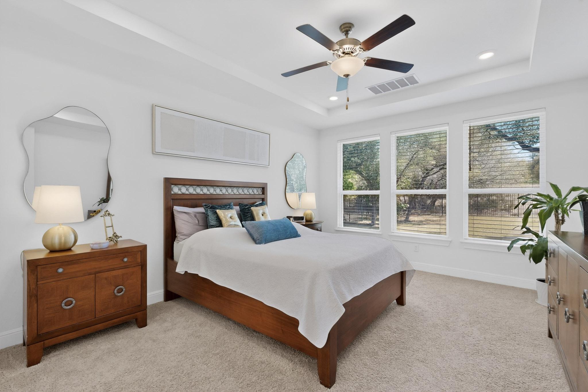 249 Running Bird Road Austin, TX 78737 - Photo 15 of 40 Primary Bedroom featuring a ceiling fan, light colored carpet, recessed lighting, and a raised ceiling