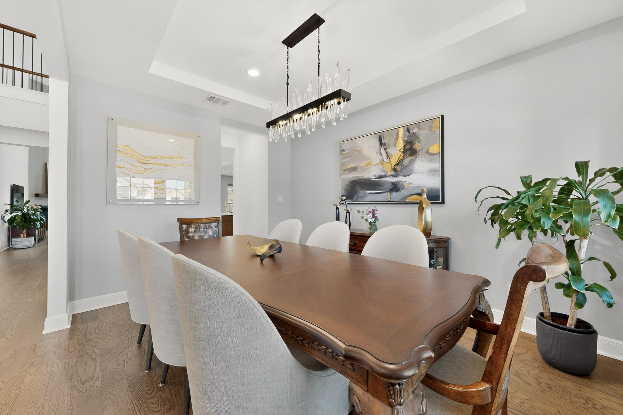 249 Running Bird Road Austin, TX 78737 - Photo 7 of 40 Dining Room with a raised ceiling, light wood finished floors, and a chandelier