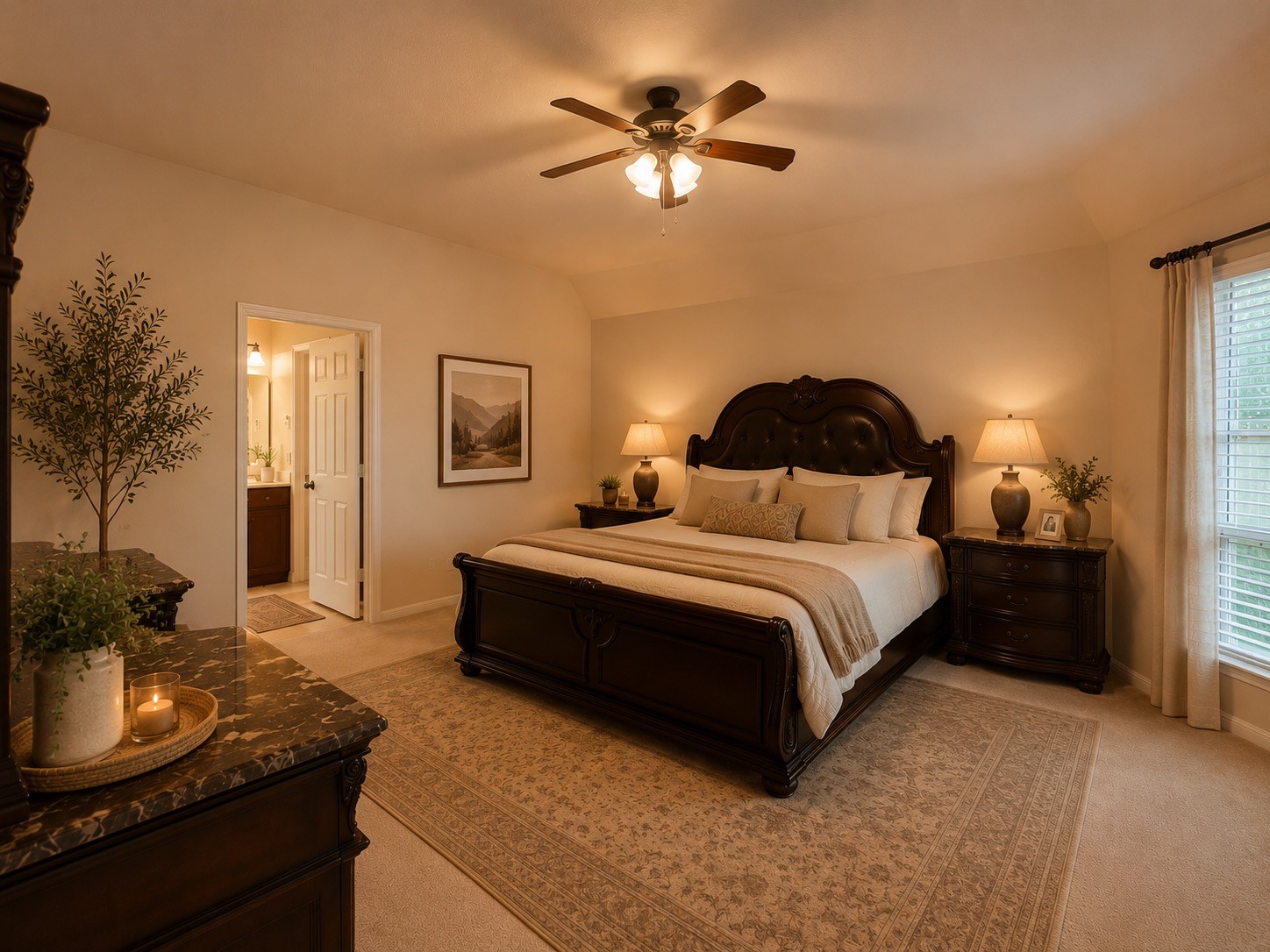 5410 Peppermint Lane Baytown, TX 77521 - Photo 11 of 22 The spacious primary suite has been digitally enhanced to showcase its potential, featuring furnishings that will remain with the home for a truly move-in-ready experience.