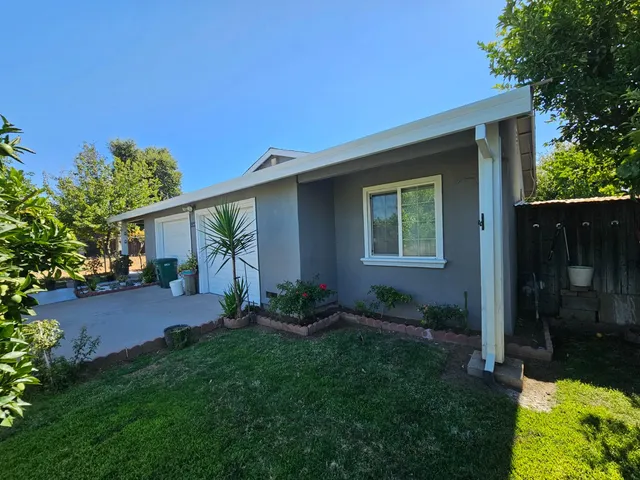a view of a backyard with couches plants and large tree
