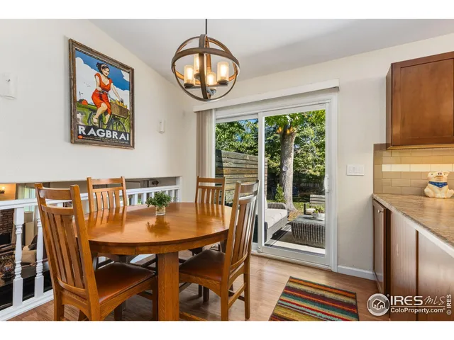 a view of a dining room with furniture wooden floor and a chandelier