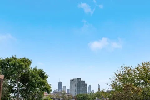 a view of a city with tall trees