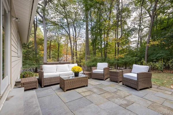 a view of a couches in a patio with a fire pit