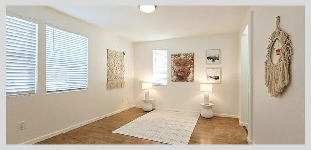 a living room with furniture and a potted plant