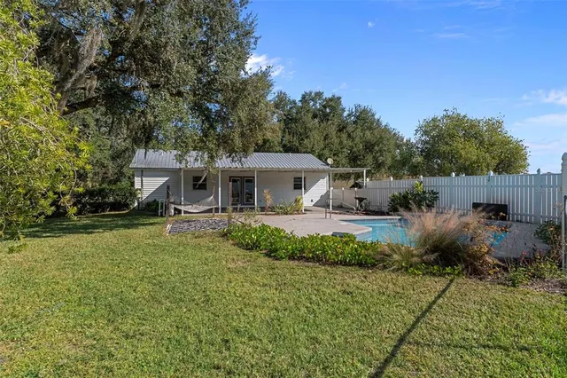 front view of a house with a patio
