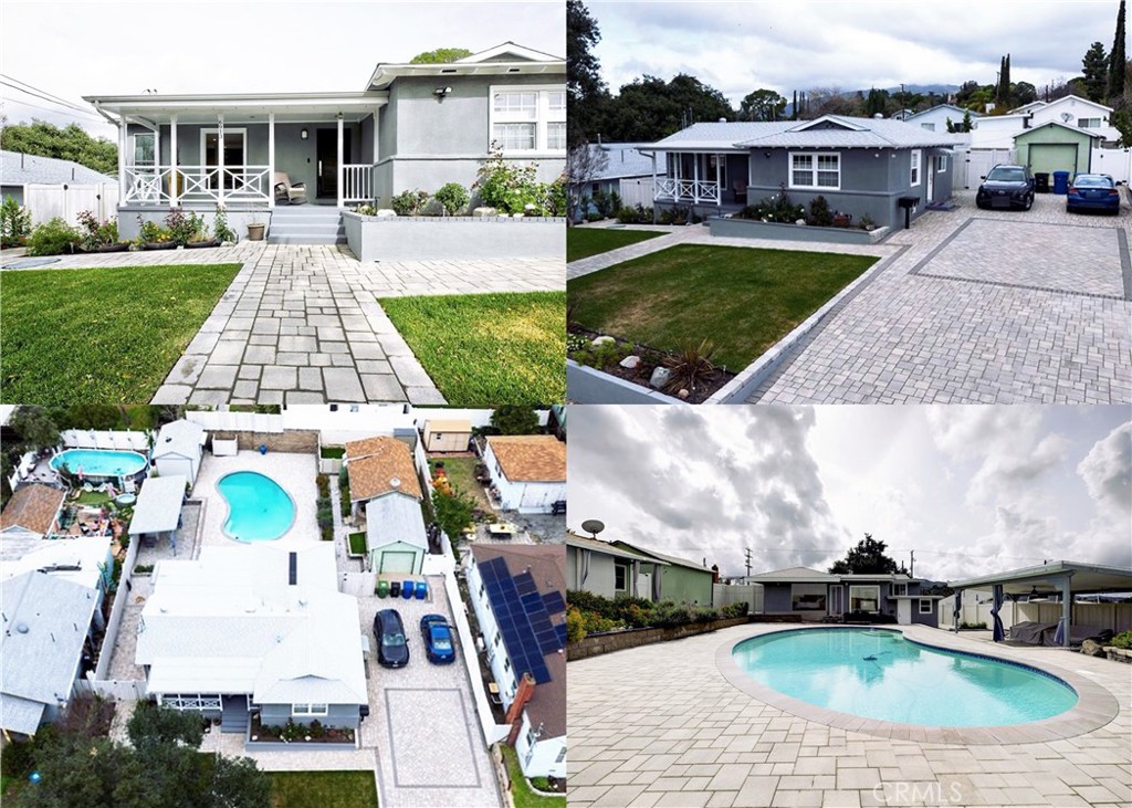 an aerial view of a house with swimming pool garden and patio