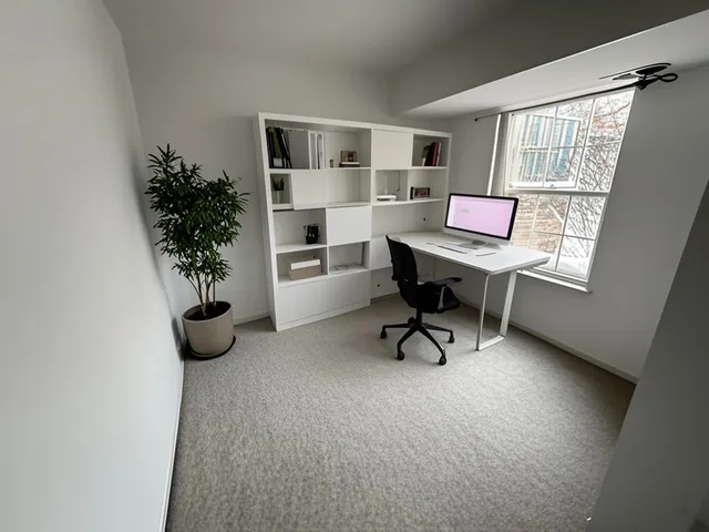 a workspace with furniture and a potted plant