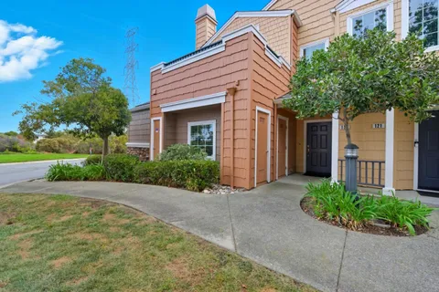 a front view of a house with a yard and potted plants