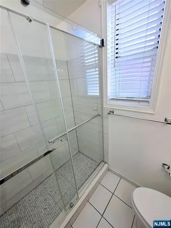 a bathroom with a shower and toilet