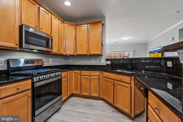 a kitchen with stainless steel appliances granite countertop wooden cabinets a stove a sink and a microwave