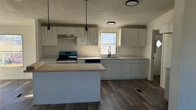 a kitchen with kitchen island a sink a stove and a refrigerator