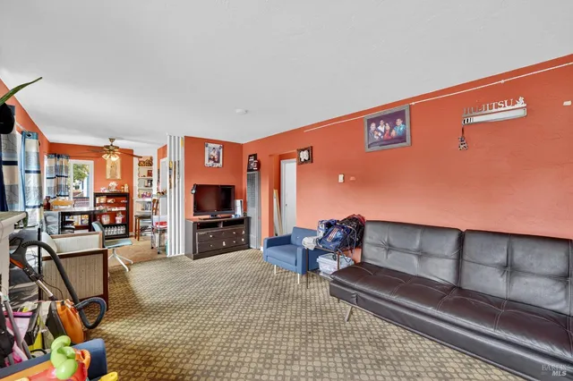 a living room with furniture a flat screen tv and a fireplace