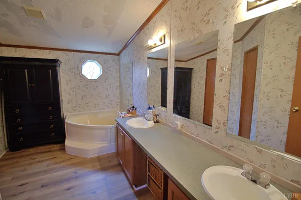 a bathroom with a tub double vanity sink and a large mirror