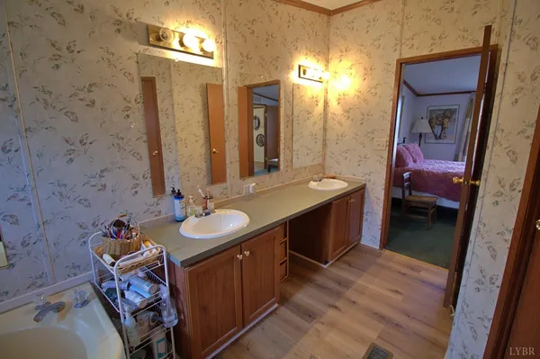 a bathroom with a sink and a mirror