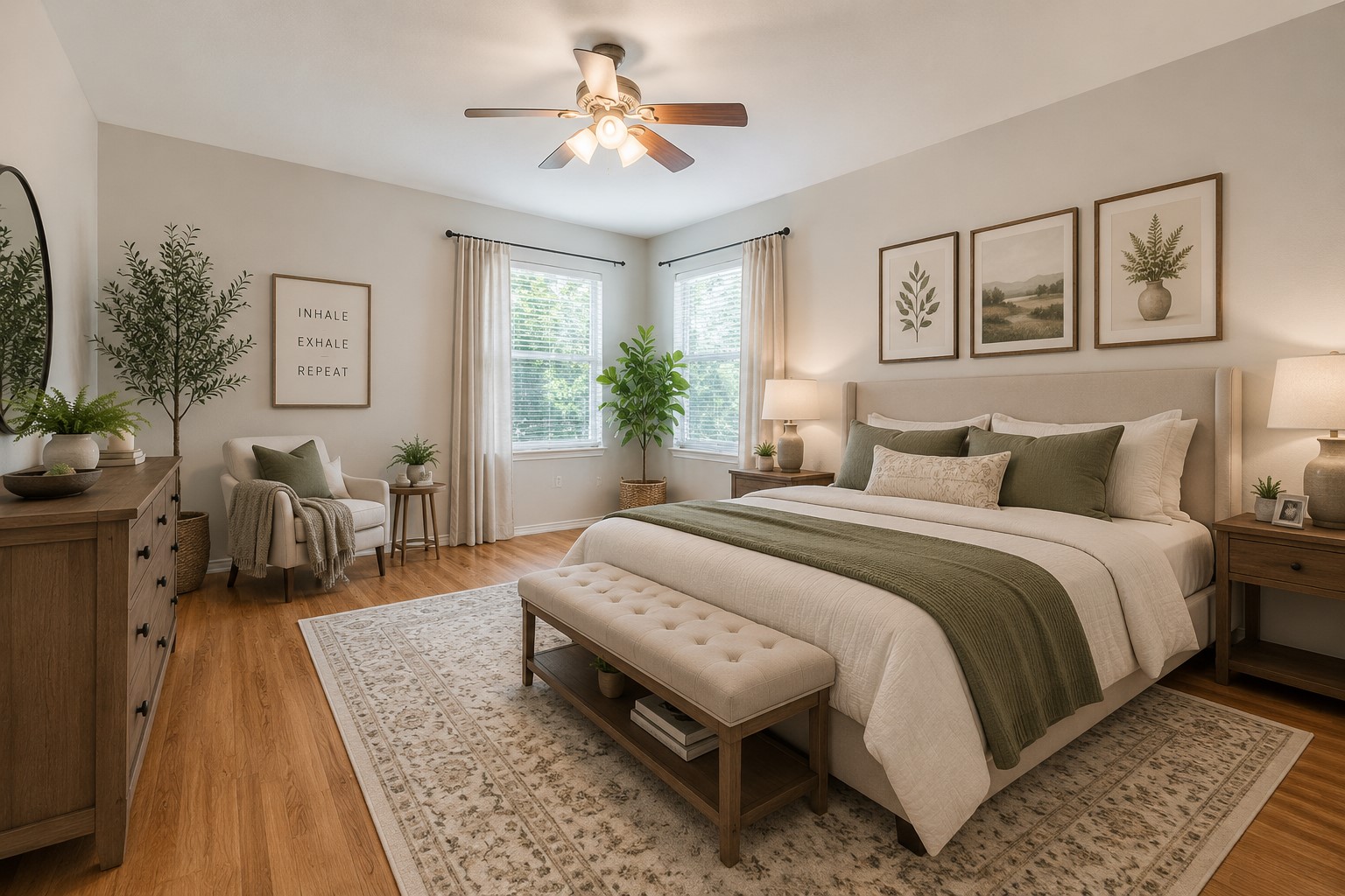 1507 Davis Mountain Loop Cedar Park, TX 78613 - Photo 12 of 30 Ai Virtual Staging: Upstairs primary bedroom featuring a ceiling fan and hardwood flooring.