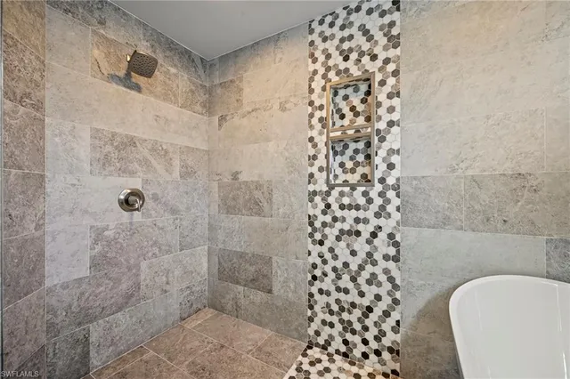 a bathroom with a shower curtain