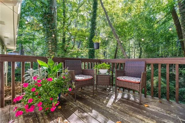 a view of a chairs and table in the backyard