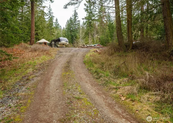 a view of a dirt road with trees in the background