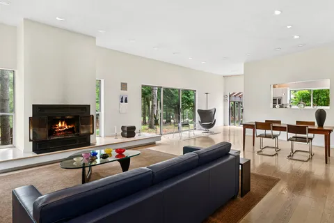 a living room with furniture fireplace and window
