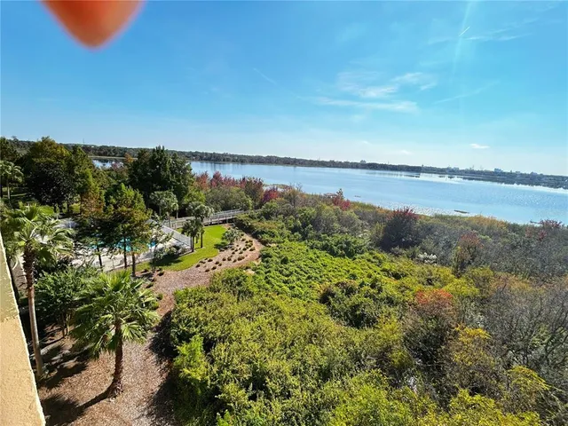 a view of a lake with a city