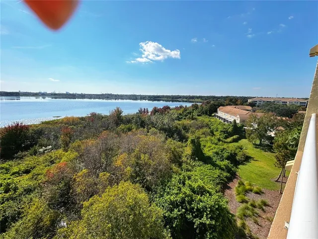 a view of a lake with a city