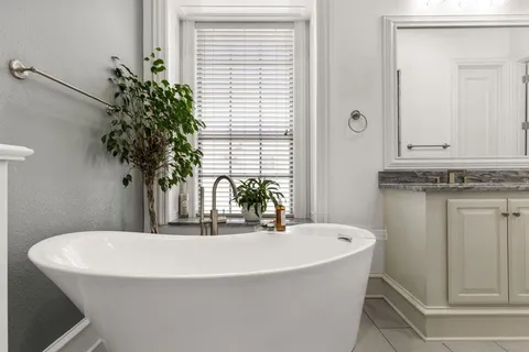 a close view of dining table with potted plant