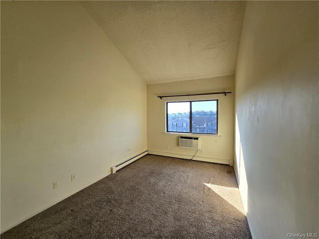 44 Inwood Road Middletown, NY 10941 - Photo 10 of 15 Empty room with a wall unit AC, a textured ceiling, baseboard heating, carpet flooring, and lofted ceiling