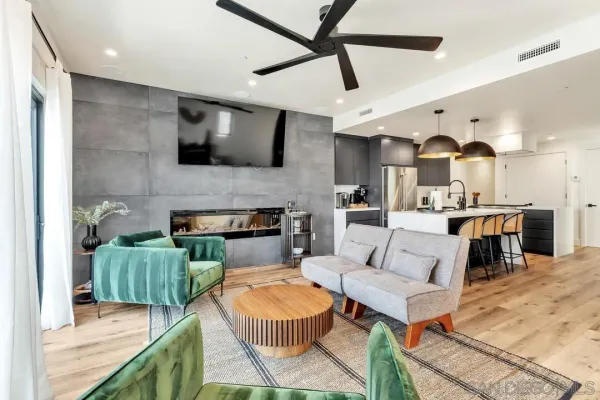 a living room with furniture and a fireplace