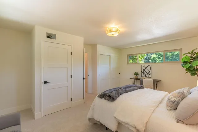 a bed room with furniture and a potted plant