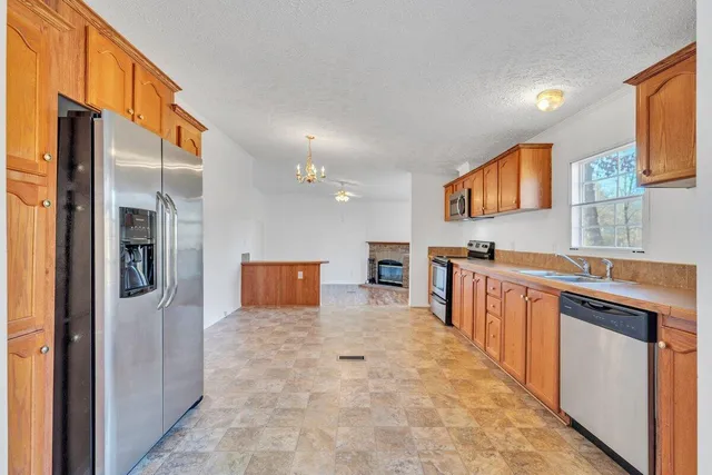 a view of a backyard with large trees