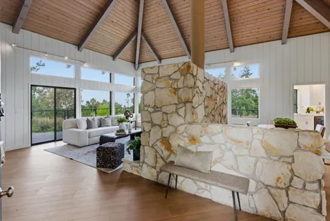 a living room with furniture a fireplace and a floor to ceiling window