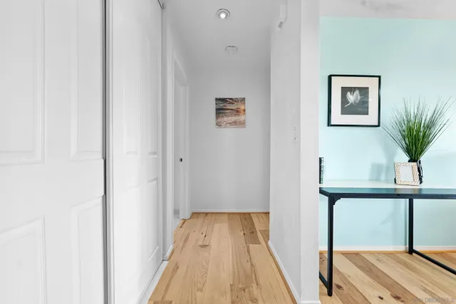 a view of a hallway with wooden floor and a potted plant