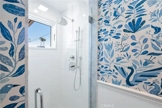 a bathroom with a shower curtain