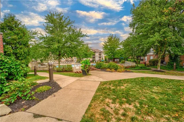 a view of a garden with houses