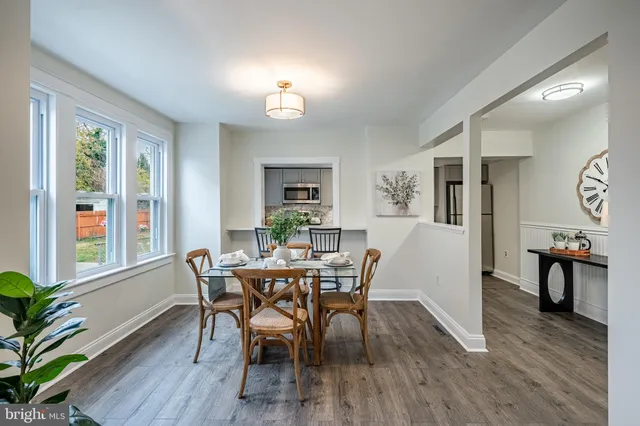a view of a dining room with furniture window and wooden floor