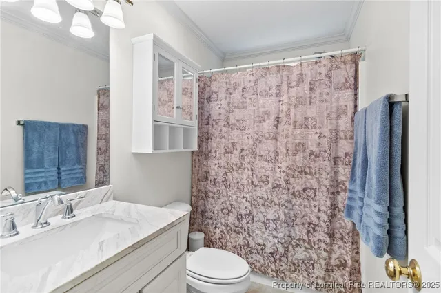 a bathroom with a sink a toilet and shower curtain