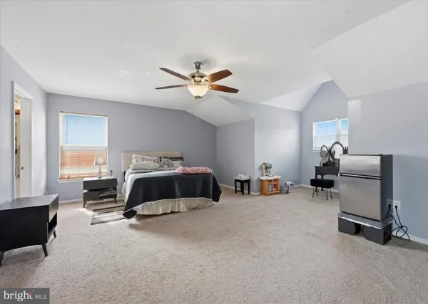 a bedroom with furniture and a ceiling fan