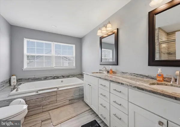 a bathroom with a tub sink and mirror