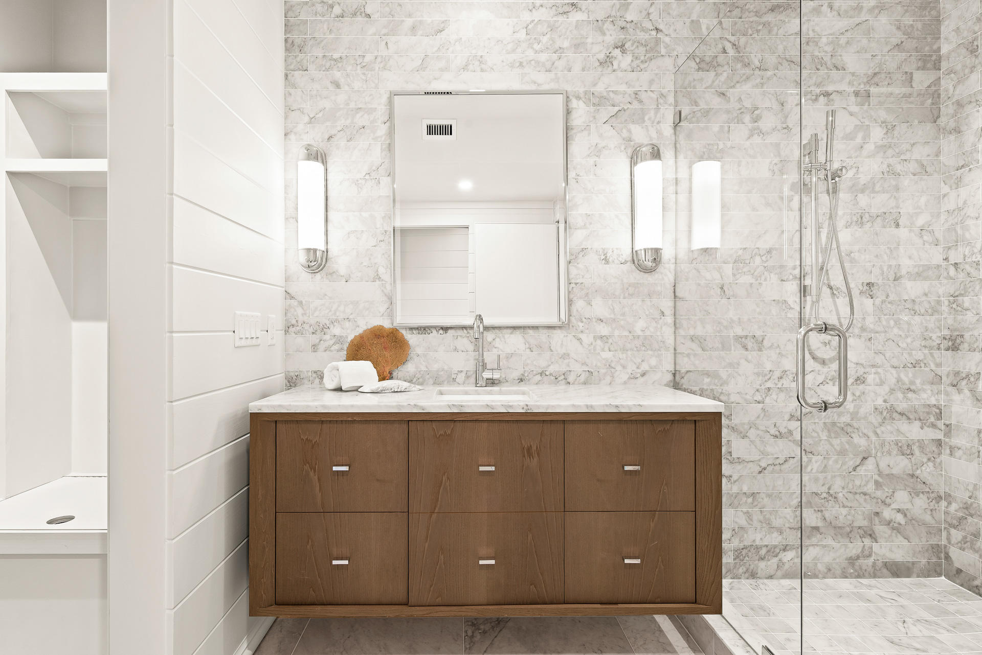 16 South Barrett Square, Unit 4 Inlet Beach, FL 32461 - Photo 78 of 98 a bathroom with a granite countertop sink a mirror and a shower