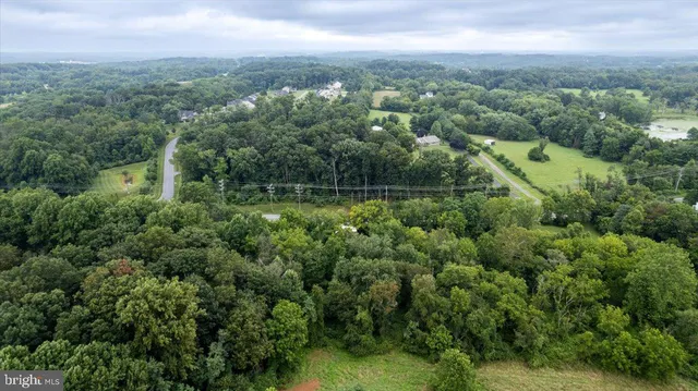 an aerial view of residential houses with outdoor space and trees