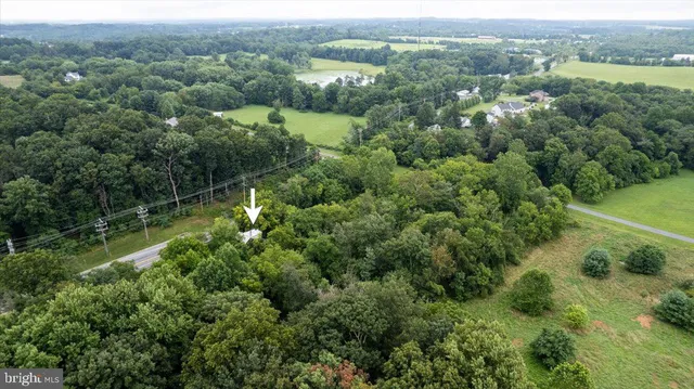 an aerial view of residential houses with outdoor space and trees