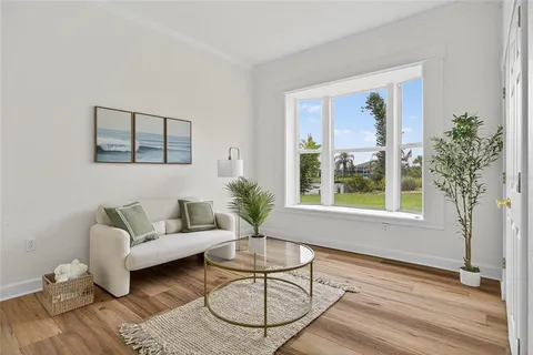 a living room with furniture and a potted plant