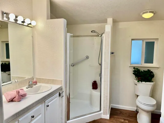 a bathroom with a sink toilet and shower