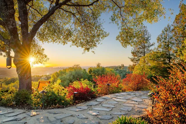 a view of a roof deck with couches under an umbrella
