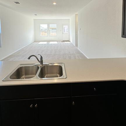 340 The Bad Way Jarrell, TX 76537 - Photo 14 of 14 Kitchen with dark cabinets, light countertops, open floor plan, and light colored carpet