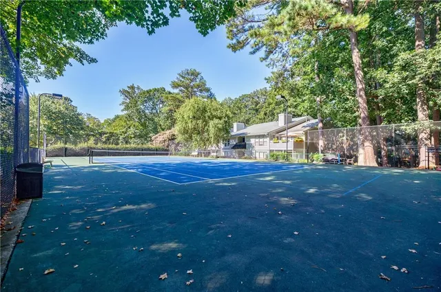 a view of a park with large trees